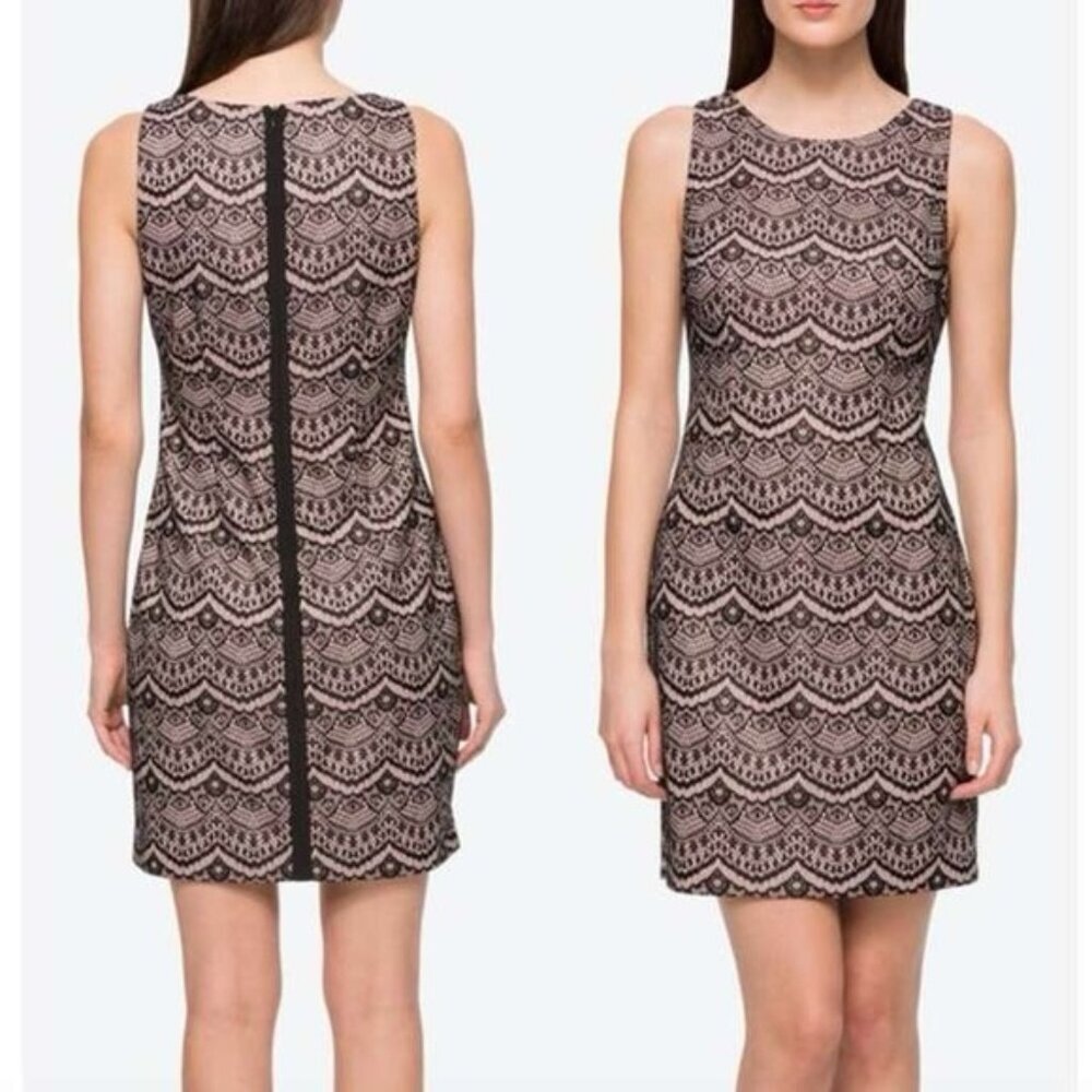 GUESS Lace Sheath Black & Pink Jewel Neck Sleeveless Lined Mini Dress Size 12